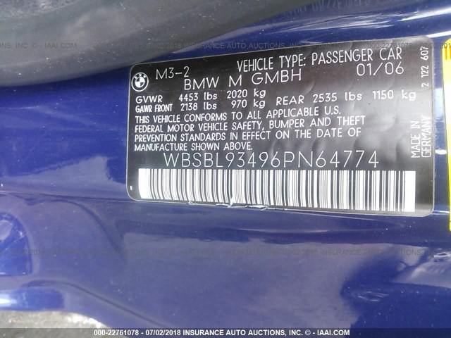 WBSBL93496PN64774 - 2006 BMW M3 ლურჯი ფოტო 9