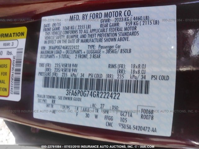 3FA6P0G74GR222422 - 2016 FORD FUSION S RED photo 9