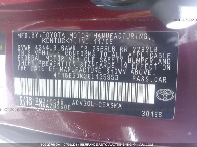 4T1BE30K36U135953 - 2006 TOYOTA CAMRY LE/XLE/SE წითელი ფოტო 9