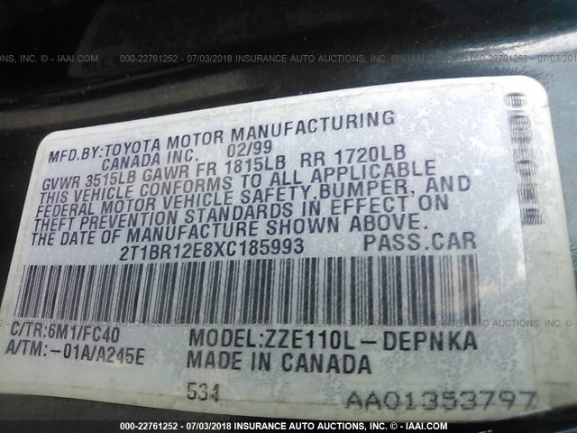 2T1BR12E8XC185993 - 1999 TOYOTA COROLLA VE/CE/LE 绿色 照片 9