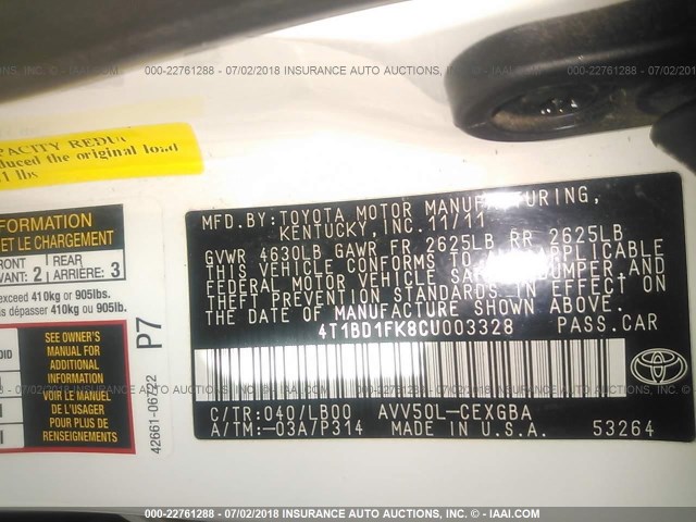 4T1BD1FK8CU003328 - 2012 TOYOTA CAMRY HYBRID/LE/XLE 白色 照片 9