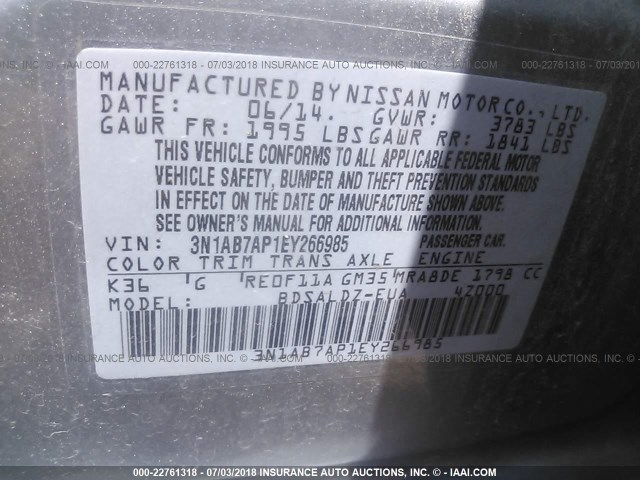 3N1AB7AP1EY266985 - 2014 NISSAN SENTRA S/SV/SR/SL GRAY photo 9