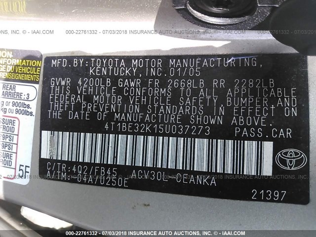 4T1BE32K15U037273 - 2005 TOYOTA CAMRY LE/XLE/SE Қоңыр фото 9