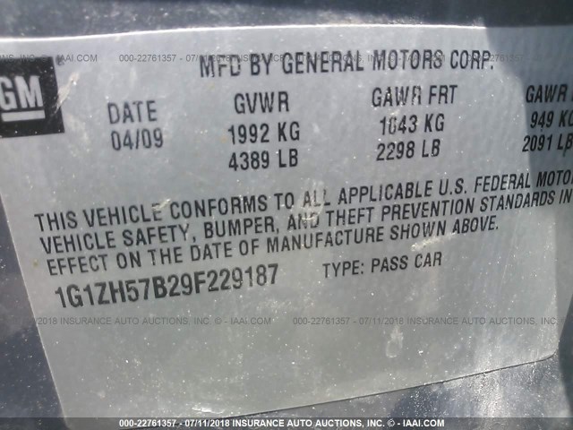 1G1ZH57B29F229187 - 2009 CHEVROLET MALIBU 1LT 灰色 照片 9