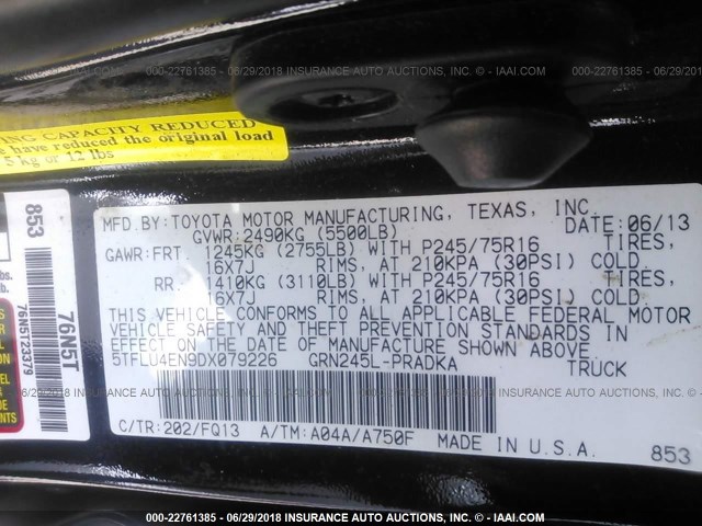 5TFLU4EN9DX079226 - 2013 TOYOTA TACOMA DOUBLE CAB შავი ფოტო 9