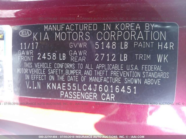 KNAE55LC4J6016451 - 2018 KIA STINGER GT2 RED photo 9