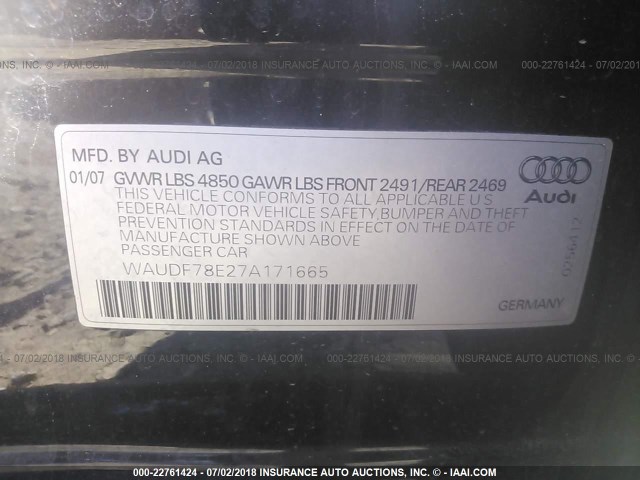 WAUDF78E27A171665 - 2007 AUDI A4 2.0T QUATTRO BLACK photo 9