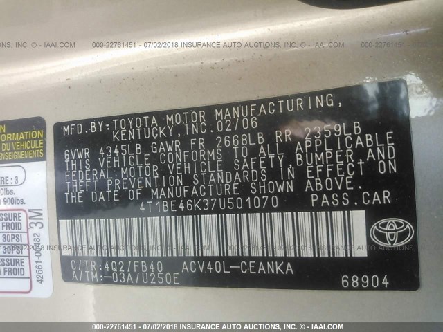 4T1BE46K37U501070 - 2007 TOYOTA CAMRY NEW GENERAT CE/LE/XLE/SE GOLD photo 9