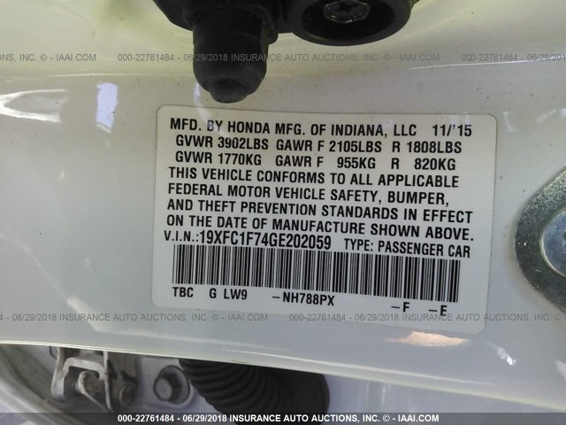 19XFC1F74GE202059 - 2016 HONDA CIVIC EXL 白色 照片 9