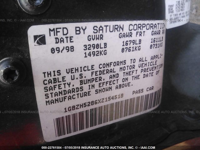 1G8ZH5286XZ154518 - 1999 SATURN SL1 MAROON photo 9