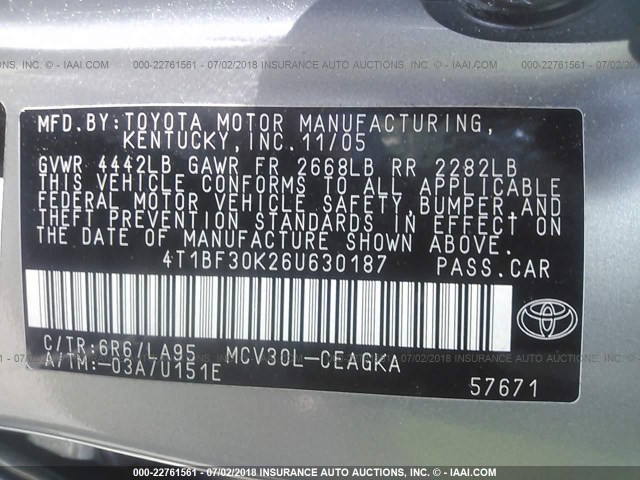 4T1BF30K26U630187 - 2006 TOYOTA CAMRY LE/XLE/SE 银色 照片 9