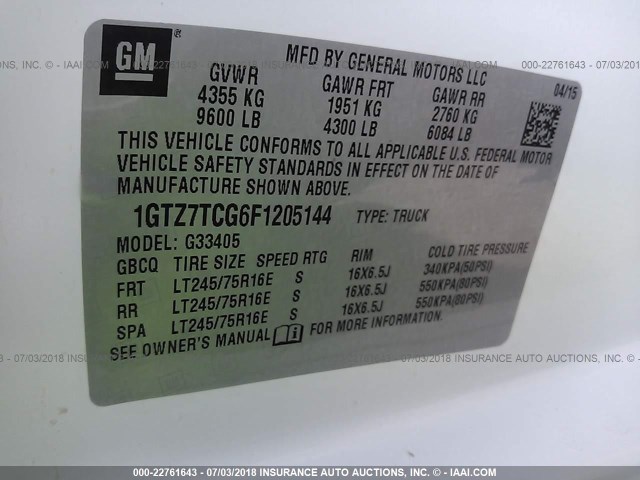 1GTZ7TCG6F1205144 - 2015 GMC SAVANA G3500 WHITE photo 9