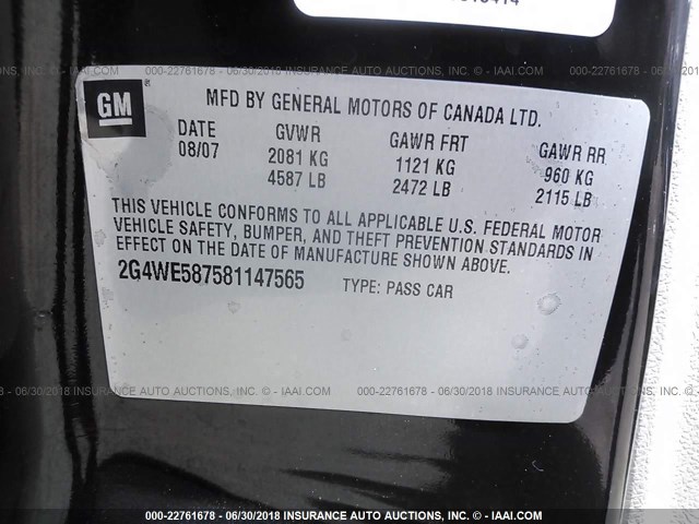 2G4WE587581147565 - 2008 BUICK LACROSSE CXS BLACK photo 9