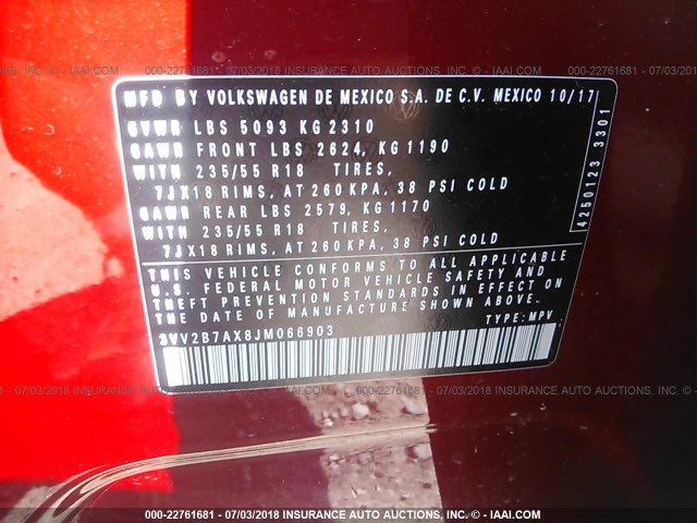 3VV2B7AX8JM066903 - 2018 VOLKSWAGEN TIGUAN SE/SEL RED photo 9