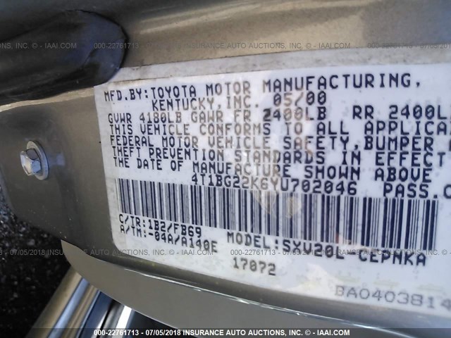 4T1BG22K6YU702046 - 2000 TOYOTA CAMRY CE/LE/XLE 锡色 照片 9