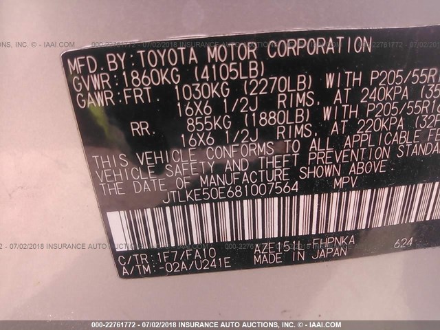 JTLKE50E681007564 - 2008 TOYOTA SCION XB SILVER photo 9