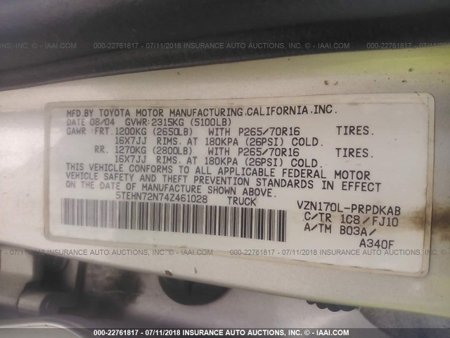 5TEHN72N74Z461028 - 2004 TOYOTA TACOMA DOUBLE CAB TAN photo 9