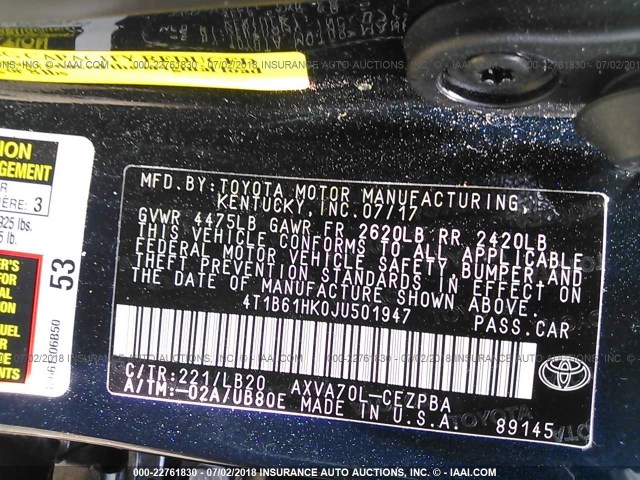 4T1B61HK0JU501947 - 2018 TOYOTA CAMRY XSE Dark Blue photo 9