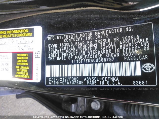 4T1BF1FK5CU588797 - 2012 TOYOTA CAMRY SE/LE/XLE BLACK photo 9