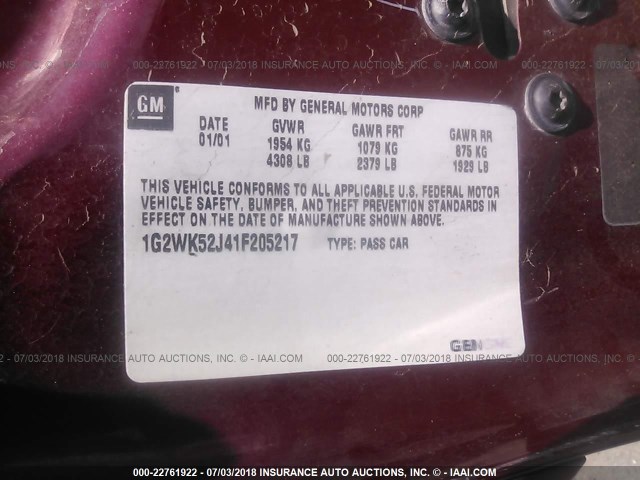 1G2WK52J41F205217 - 2001 PONTIAC GRAND PRIX SE მუქწითელი ფოტო 9