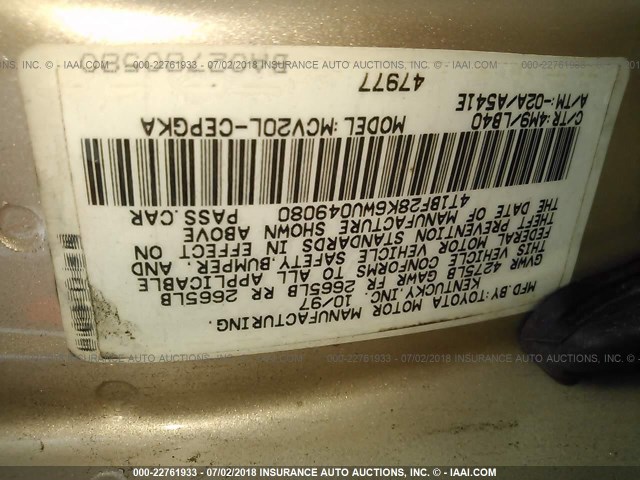 4T1BF28K6WU049080 - 1998 TOYOTA CAMRY CE/LE/XLE GOLD photo 9