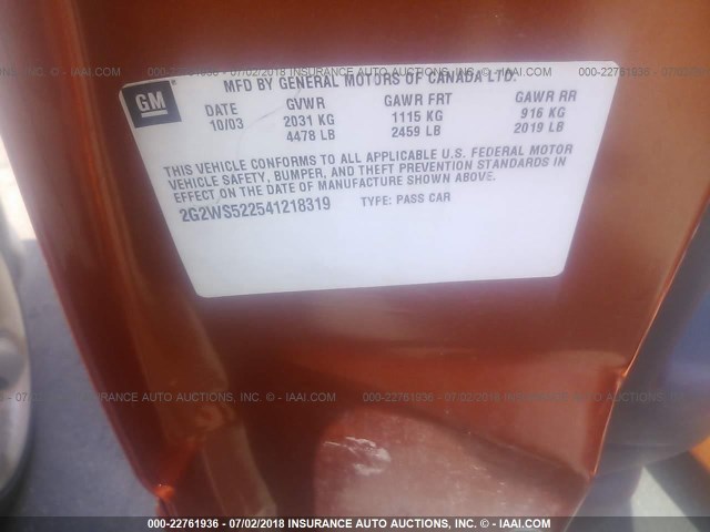 2G2WS522541218319 - 2004 PONTIAC GRAND PRIX GT2 ნარინჯისფერი ფოტო 9