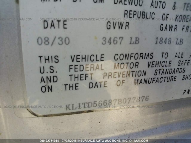 KL1TD56687B077876 - 2007 CHEVROLET AVEO LS SILVER photo 9