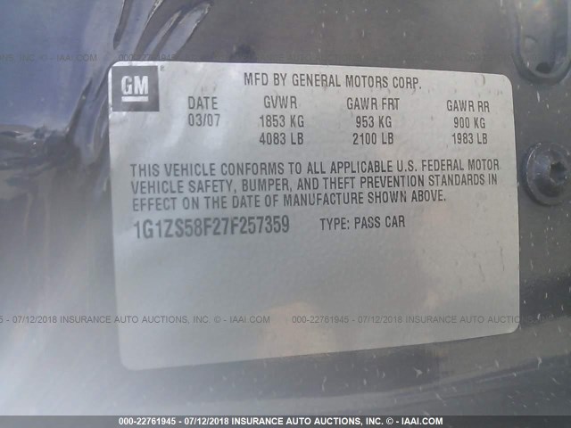 1G1ZS58F27F257359 - 2007 CHEVROLET MALIBU LS Mavi foto 9