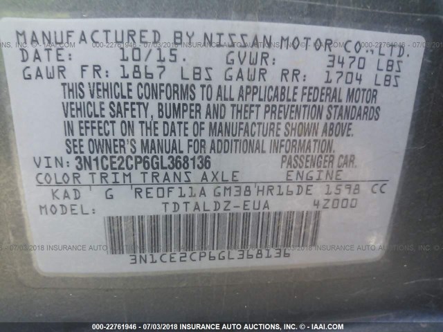 3N1CE2CP6GL368136 - 2016 NISSAN VERSA NOTE S/S PLUS/SV/SL/SR GRAY photo 9