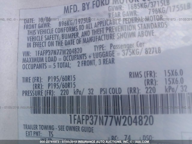 1FAFP37N77W204820 - 2007 FORD FOCUS ZX5/S/SE/SES 银色 照片 9