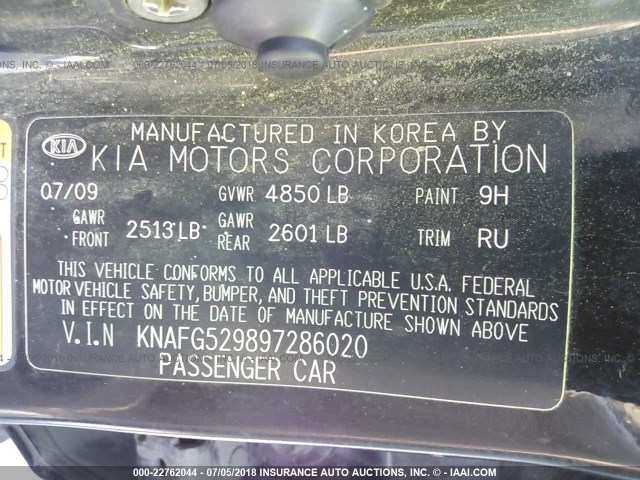 KNAFG529897286020 - 2009 KIA RONDO LX/EX BLACK photo 9