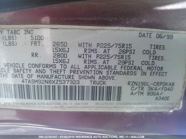 4TASM92N8XZ537923 - 1999 TOYOTA TACOMA XTRACAB PRERUNNER წითელი ფოტო 9