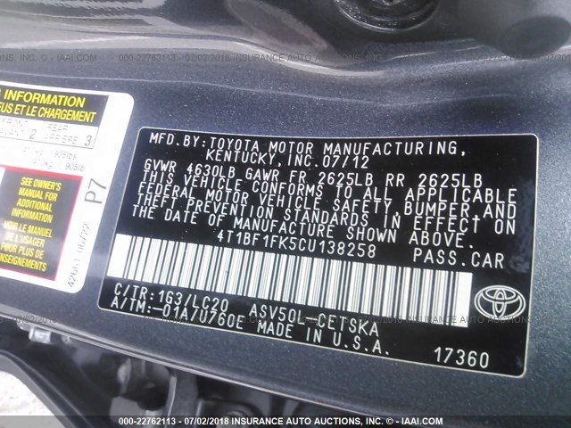 4T1BF1FK5CU138258 - 2012 TOYOTA CAMRY SE/LE/XLE 灰色 照片 9