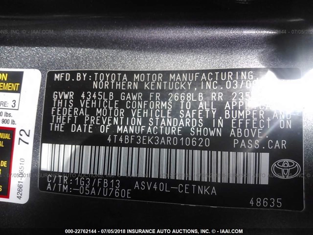 4T4BF3EK3AR010620 - 2010 TOYOTA CAMRY SE/LE/XLE GRAY photo 9