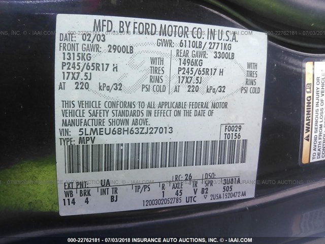 5LMEU68H63ZJ27013 - 2003 LINCOLN AVIATOR Qara foto 9