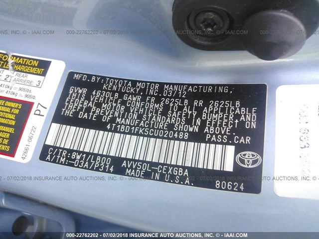 4T1BD1FK5CU020488 - 2012 TOYOTA CAMRY HYBRID/LE/XLE 蓝色 照片 9