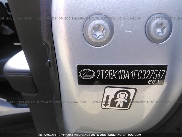 2T2BK1BA1FC327547 - 2015 LEXUS RX 350/BASE/F SPORT SILVER photo 9