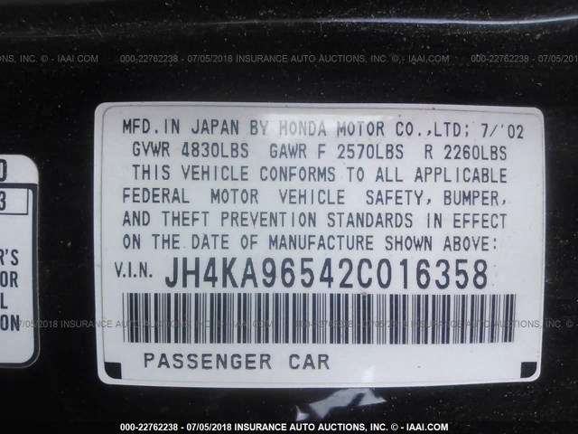 JH4KA96542C016358 - 2002 ACURA 3.5RL BLACK photo 9