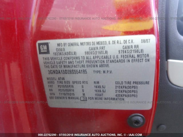 3GNDA13D28S554185 - 2008 CHEVROLET HHR LS RED photo 9