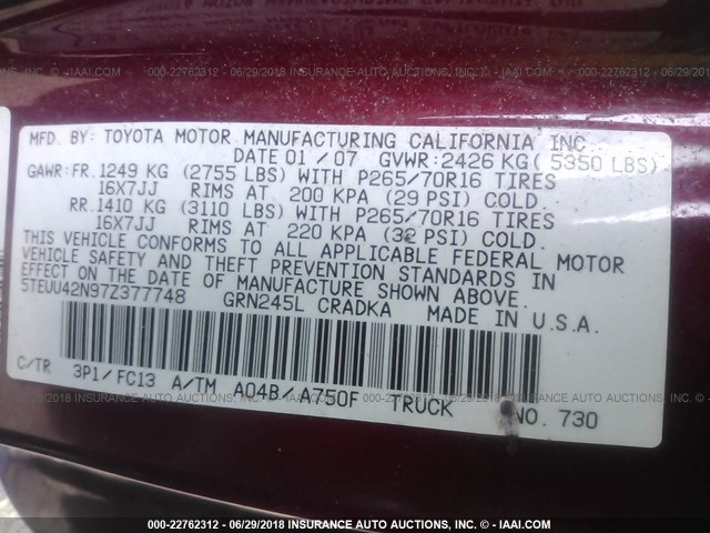 5TEUU42N97Z377748 - 2007 TOYOTA TACOMA ACCESS CAB Марун фото 9