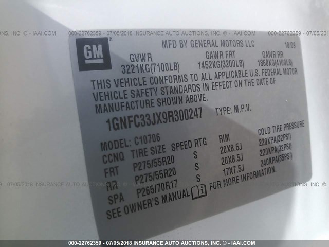 1GNFC33JX9R300247 - 2009 CHEVROLET TAHOE C1500 LTZ WHITE photo 9