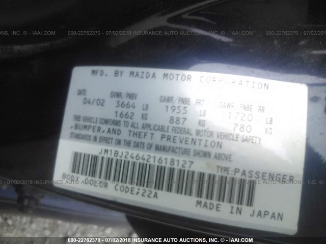 JM1BJ246421618127 - 2002 MAZDA PROTEGE PR5 BLUE photo 9