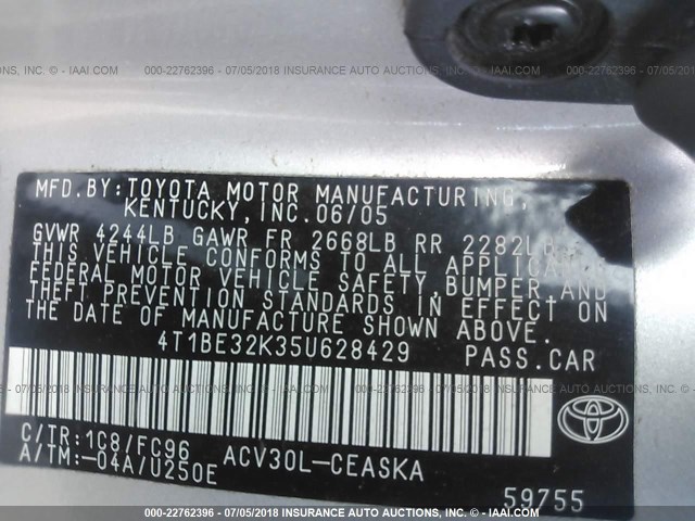 4T1BE32K35U628429 - 2005 TOYOTA CAMRY LE/XLE/SE 银色 照片 9