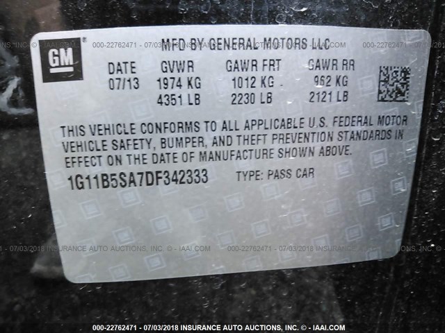 1G11B5SA7DF342333 - 2013 CHEVROLET MALIBU LS BLACK photo 9