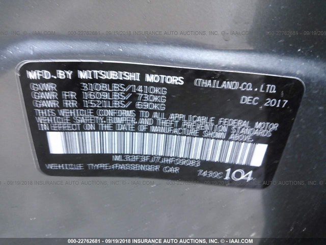 ML32F3FJ7JHF09083 - 2018 MITSUBISHI MIRAGE G4 ES Boz foto 9