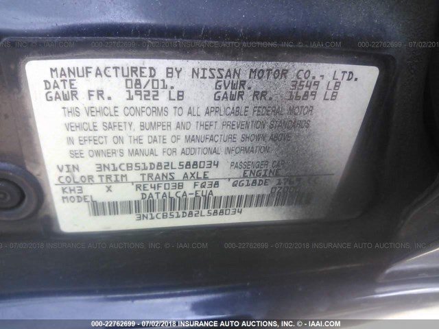 3N1CB51D82L588034 - 2002 NISSAN SENTRA XE/GXE BLACK photo 9