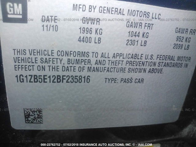 1G1ZB5E12BF235816 - 2011 CHEVROLET MALIBU LS BLUE photo 9