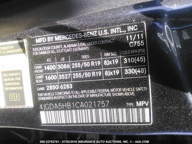 4JGDA5HB1CA021757 - 2012 MERCEDES-BENZ ML 350 4MATIC GRAY photo 9