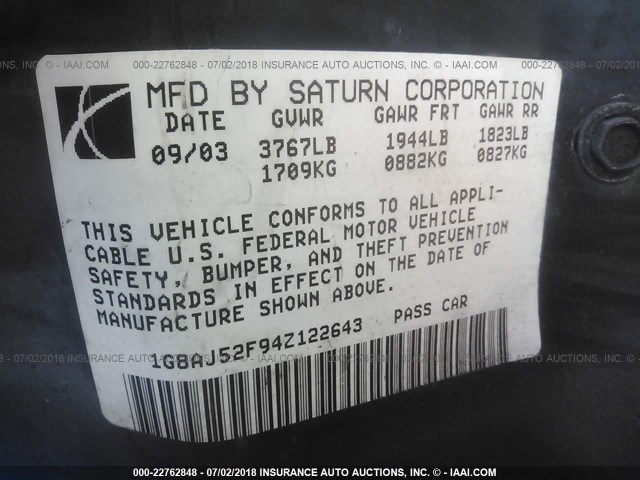 1G8AJ52F94Z122643 - 2004 SATURN ION LEVEL 2 蓝色 照片 9