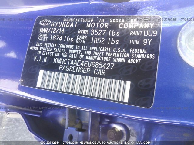 KMHCT4AE4EU685427 - 2014 HYUNDAI ACCENT GLS/GS BLUE photo 9